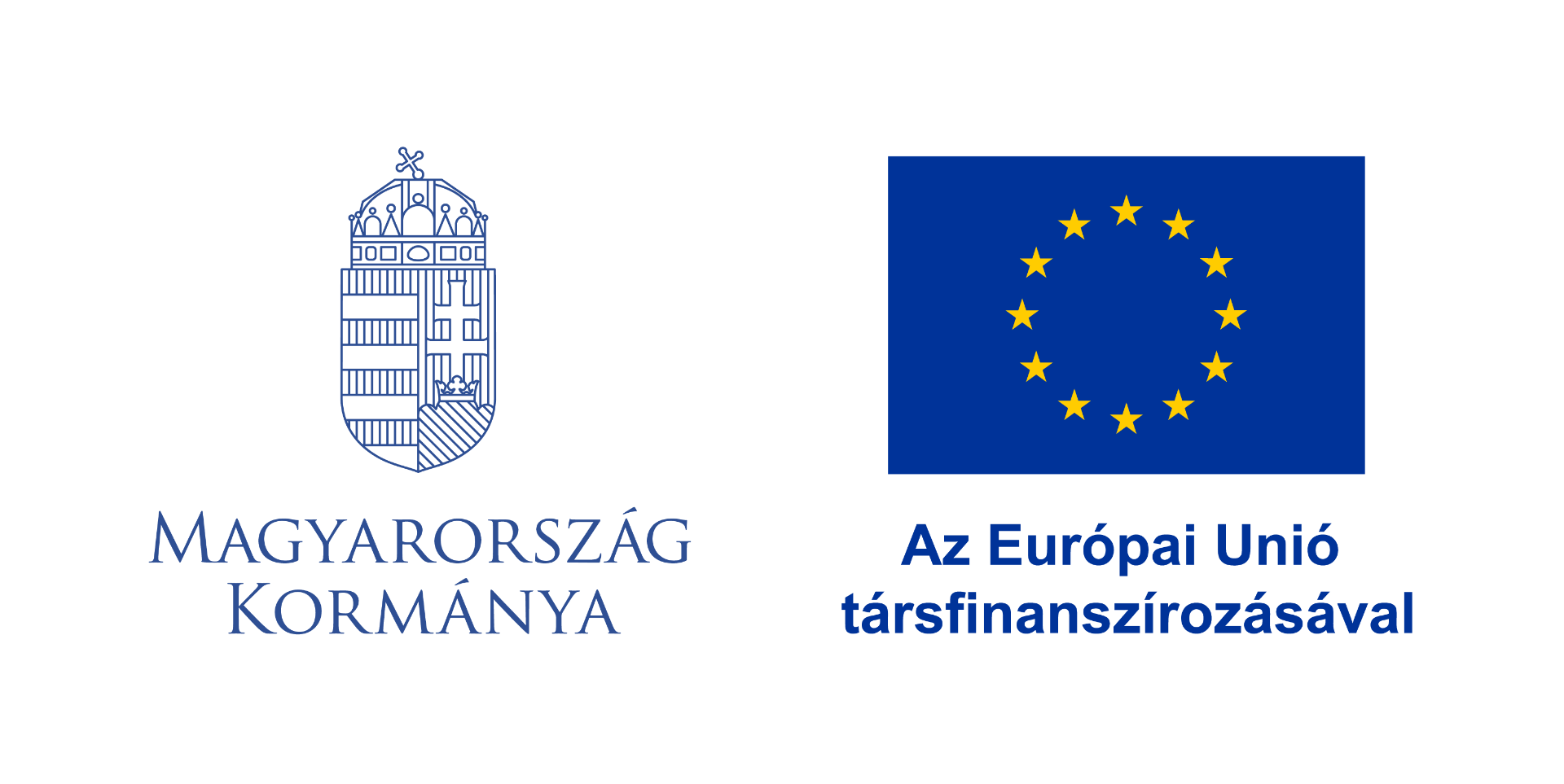 Kék EU zászló sárga csillagokkal, mellette címer és „Magyarország” felirat, „Az Európai Unió” szöveg.